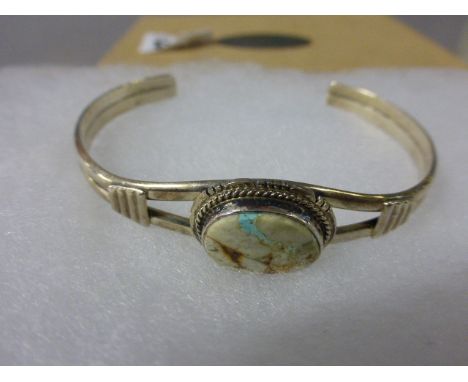 Silver Bangle Bracelet with polished stone panel