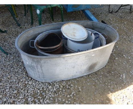 Large Zinc Bath, Two Smaller, Enamel Bin and a Copper Coal Scuttle