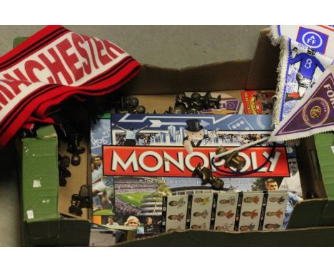 Box of mixed Football Collectable's including Manchester City Monopoly, Manchester United scarf, pennants etc