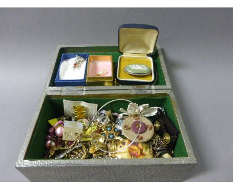 Metal Jewellery Box containing earrings, brooches, etc including Silver, Wedgwood