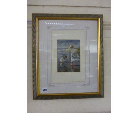 AN Oil Painting Impressionist Portrait Mother with Child Beach Paddling 