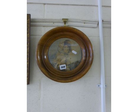 A 19th century Circular Wooden Framed Watercolour Portrait of a Country Girl with inscription verso 
