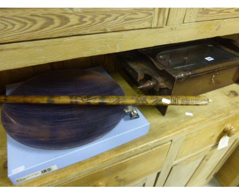 Boxed Wedgwood Glass Dish, a Walking Stick with Dogs Head Handle and a Display Cabinets made from a Clock Case