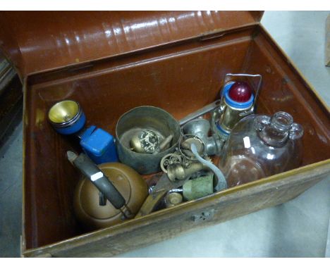 A Metal Trunk with contents to include Kitchenalia, Vintage Lamp etc 