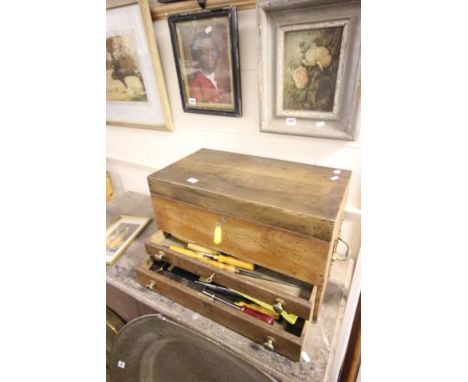 19th century Oak Tool Chest with Lift Lid and Two Drawers containing various old tools