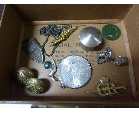 A Silver Dollar, Silver Football Medal, Button etc 