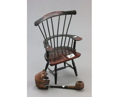 Miniature Stickback Windsor Chair, Black Forest Bear and a Pipe