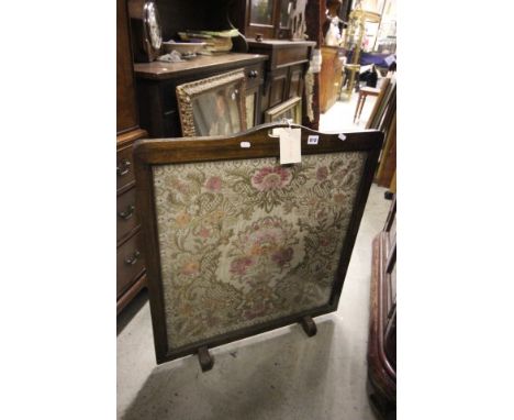 Oak Framed Fire Screen with Silk Needlework Panel