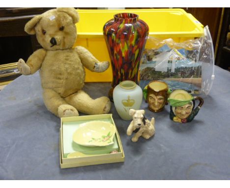 Art Glass Vase, Two Doulton Character Jugs, Carltonware, Vaseline Vase decorated V.R plus a Sylvac Dog, Vintage Teddy Bear an