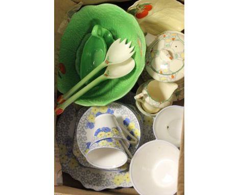 Two Part Art Deco Tea Services (Meakin and Bell China) plus Cabbage Leaf Bowl with Serving Spoon and Fork, Leaf Sauce Boat an