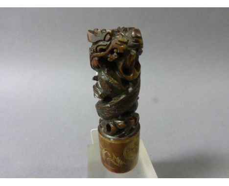 Chinese Stone Carved Seal in the form of a Dragon on Plinth