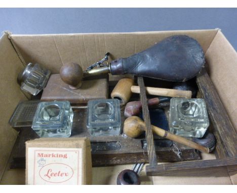 Mixed Lot including Pipe Stand, Inkwell, Desk Stand, Stamp and a Powder Flask