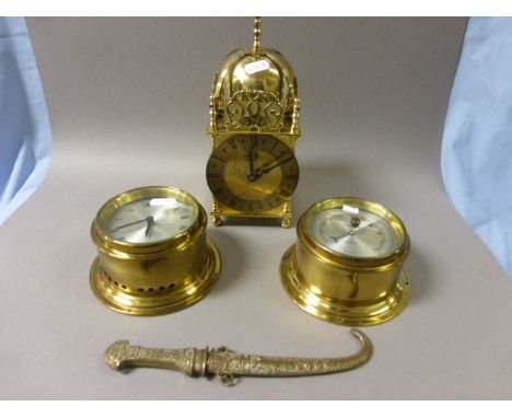 Brass Cased Celeste Yacht Alarm Ships Clock and Matching Barometer together with a Lantern Clock (battery operated) and a Pap