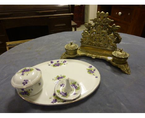 Brass Standish together with a Part Ceramic Dressing Table Set and Italian Punch Tureen