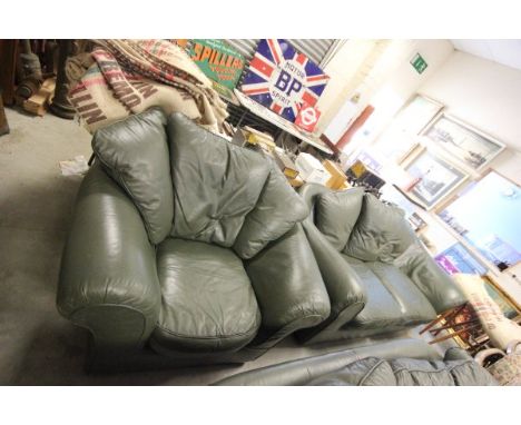 Green Leather Effect Three Seater Sofa together with a matching Two Seater and an Armchair