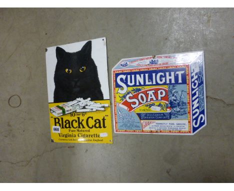 Two Reproduction Enamel Signs - Black Cat and Sunlight Soap