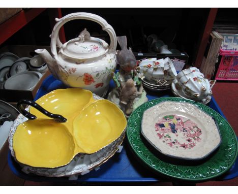 Green Leaf, Dresden and XIX Century Octagonal Plates, hors d'oeuvres, coffee ware, teapot, (damage), etc:- One Tray