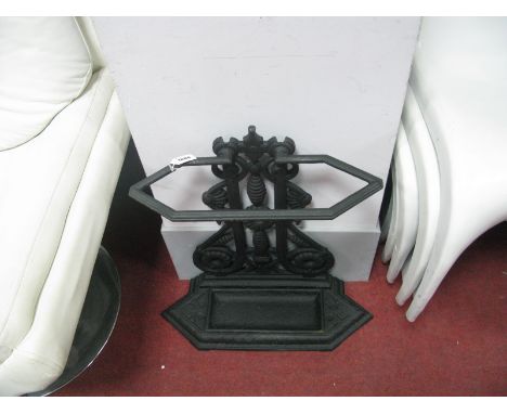 A XIX Century Cast Iron Stick Stand, with finial top, drip tray, stamped "A Kendrick - Sons, No 54", back of drip tray.