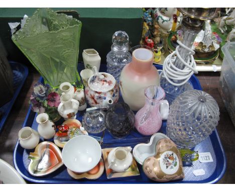 A Cut Glass Table Lamp, with a glass shade, Goss ware, 1920's green glass vase, etc:- One Tray