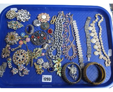 Vintage and Later Costume Jewellery, including brooches, bracelets, etc:- One Tray