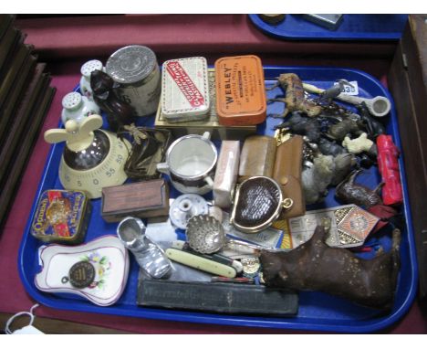 A 1950's Kitchen Timer, penknives, silver framed trinket jar, cutthroat razor, animal figures, tins, etc:- One Tray