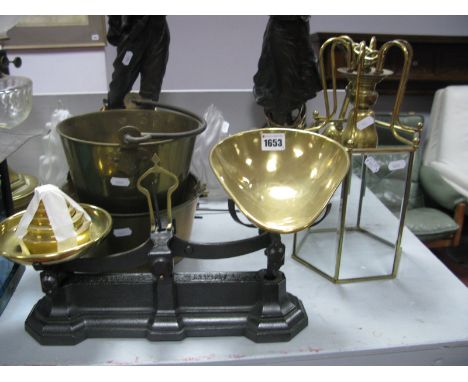 Avery Scales with Brass Pans & Weights, jam pan with iron fall handle, hexagonal brass ceiling light, Narang pail.