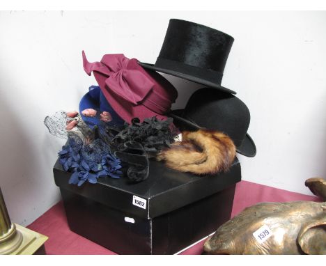 Christy's London Black Silk Top Hat for Brill, Leeds; 'The Zephyrus' bowler hat, ladies hats, fur.