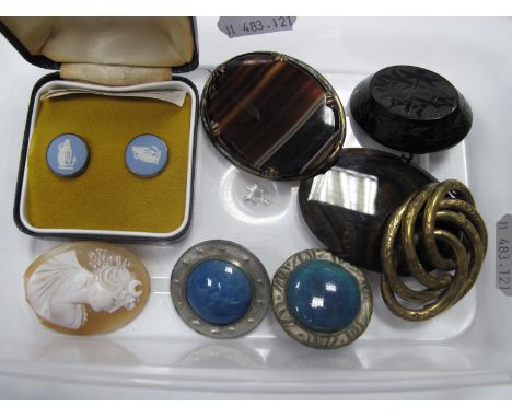 Ruskin Style Ceramic Panel Brooches, Wedgwood Jasperware, earrings, banded agate brooch, jet brooch, etc.