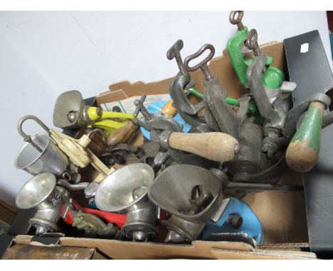 Vintage Spong, Bolinder, and Other Cast Metal and Enamelled Mincers, bean slicer's, etc:- One Box