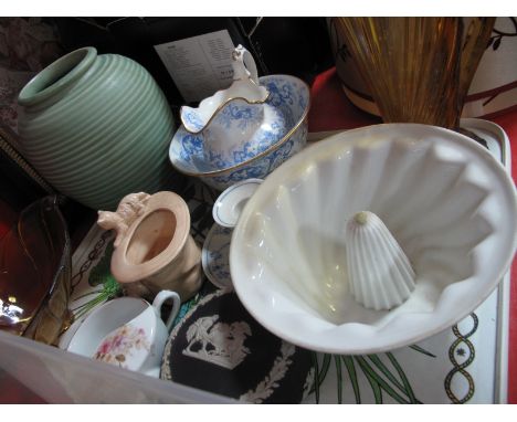 A 1920's Amber Glass Jug and Bowl, XIX Century Blue and White jug and bowl, Wedgwood trinket box, Royal Copenhagen candlestic