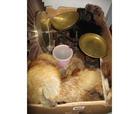 Scales to Weigh 2lb and Brass Weights, Westclox sunburst wall clock, fox fur, gloves, brooches:- One Box