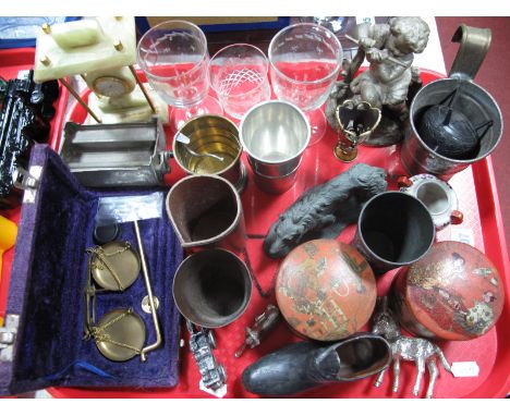 Brass Scales, XIX Century spelter figure of a child, pair of oriental boxes, quartz onyx clock, etc:- One Tray 