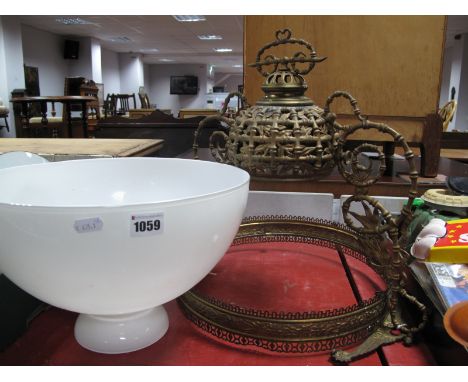 A XIX Century Gilded Brass Hanging Ceiling Light, with ribbon decoration, white glass shade.