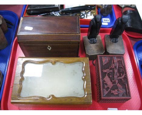 Japanese Red Laqured Box, XIX Century mahogany tea caddy, penguin bookends, etc:- One Tray