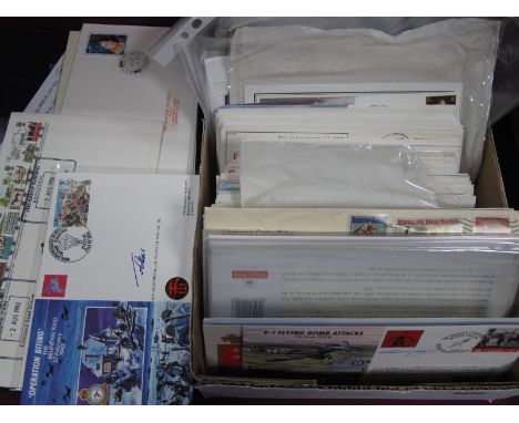 A Box of Great Britain First Day and Flown Covers, Royal Air Force catalogue, post cards and photographs of aircraft, include