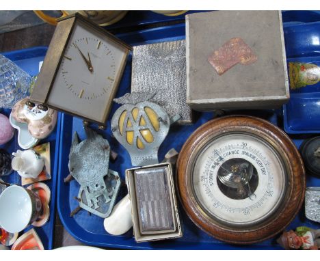 A A Car Badge, 6C2237, R.A.C badge, Matax aneroid barometer, pewter snuff box, etc:-  Mappin Webb quartz clock:- One Tray