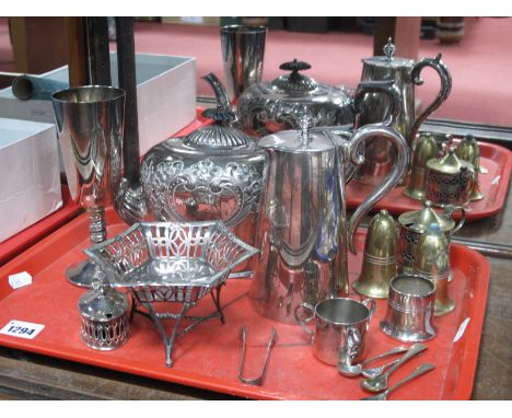 A Decorative Plated Footed Bonbon Dish, of hexagonal design, raised on openwork legs; together with a plated teapot, cruet se