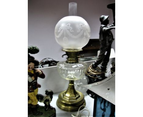 An Early XX Centry Brass Circular Based Oil Lamp, with octagonal support to knulled glass well, ribbon frosted shade. 