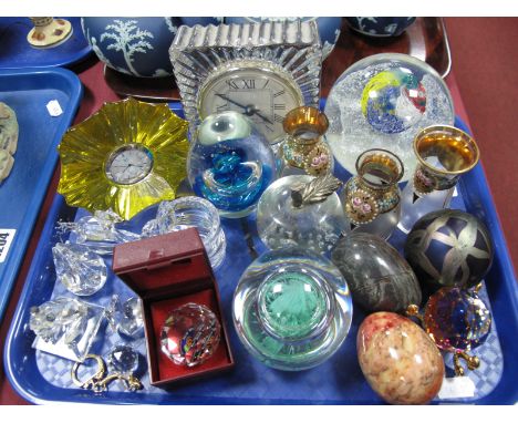 Wedgwood Yellow Glass Mantel Clock, paperweights, etc:- One Tray