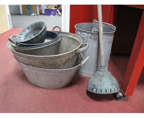 A Vintage Posher, galvanised buckets, two galvanised twin handled oval tubs, etc.