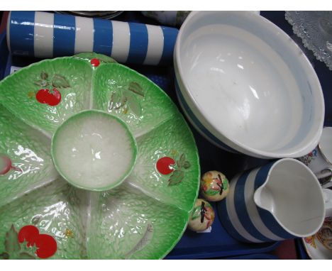T.G Green Cornish Ware Mixing Bowl, jug (cracked), rolling pin boy, Devon style salad Hors d'oeuvers, salt and pepper:- One T
