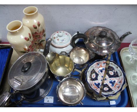 An XVII Century Chinese Teapot, with floral decoration (damages), three piece plated tea service, E.P.B.M, teapot, pair of XI