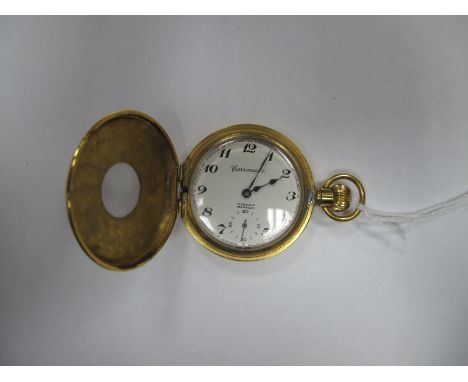 Carronade ; A Modern Gold Plated Cased half hunter Pocketwatch, the signed dial with black and red Arabic numerals and second