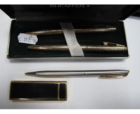 Sheaffer 12K G.F Twin Pen Set, Waterman pen, JPS lighter.