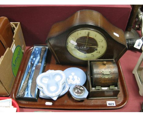 A 1940's Smiths Oak Cased Eight Day Mantel Clock, an oak revolving cigarette dispenser, Wedgwood Jasperware dishes, Kings Pat