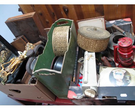 Wall Mirror, oil lamp, cutlery, box plane, storage boxes, tins, magazine rack, oak boot racks etc. (3)