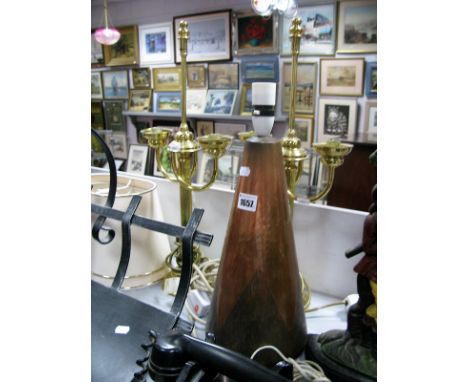 S. Beddall Designed and Handmade Copper Table Lamp, of tapering form;  together with a pair of gilded brass two branch table 