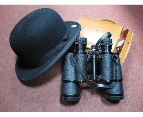 A Dunn & Co Black Bowler Hat, Amelone 10 x 50 field glasses.