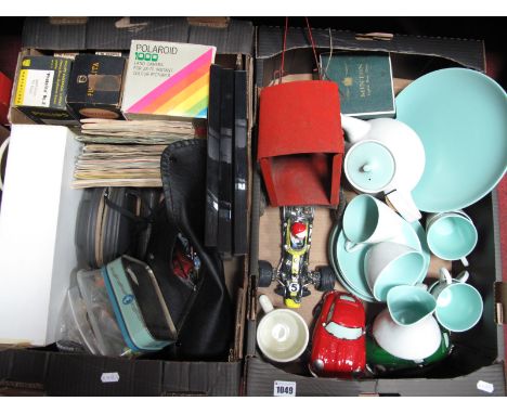 Poole Tea Set, model crane, trade cards, Polaroid camera, tools, money banks, snooker prints, etc:- Two Boxes