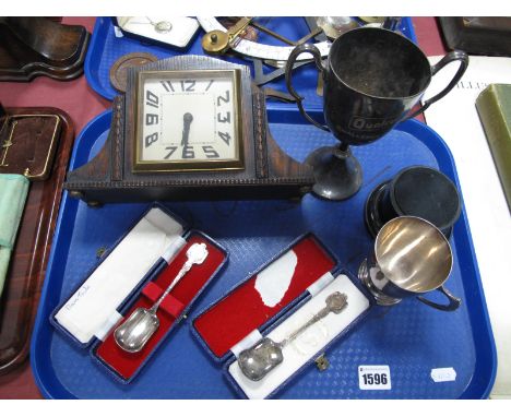 1920's Oak Mantel Clock, Elkington plated mug, plated trophy etc:- One Tray